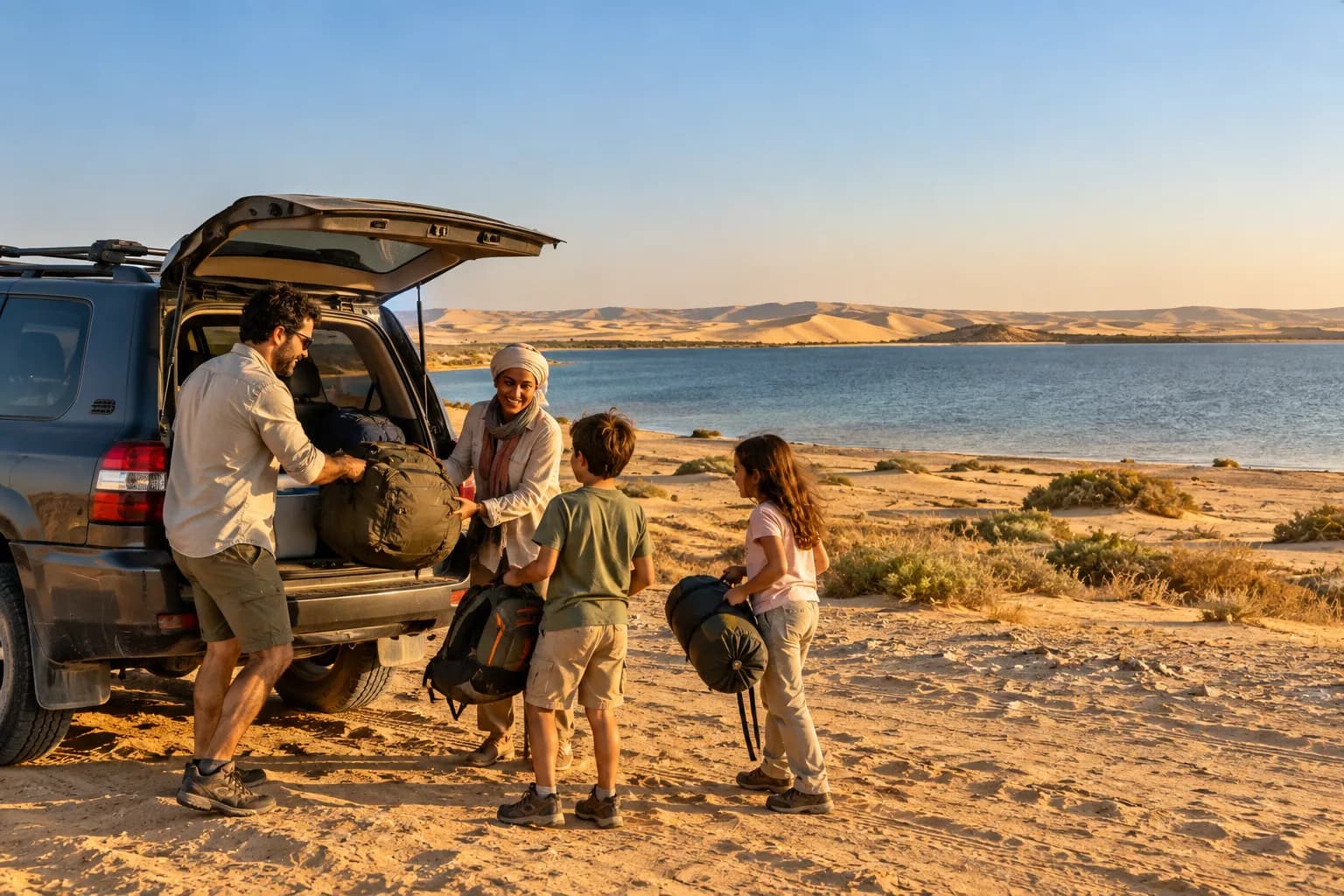 Unloading the car at the camp by the lake