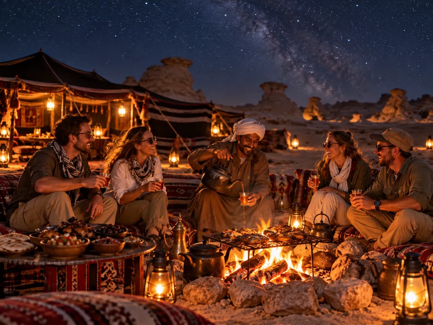 Around the campfire at the White Desert camp