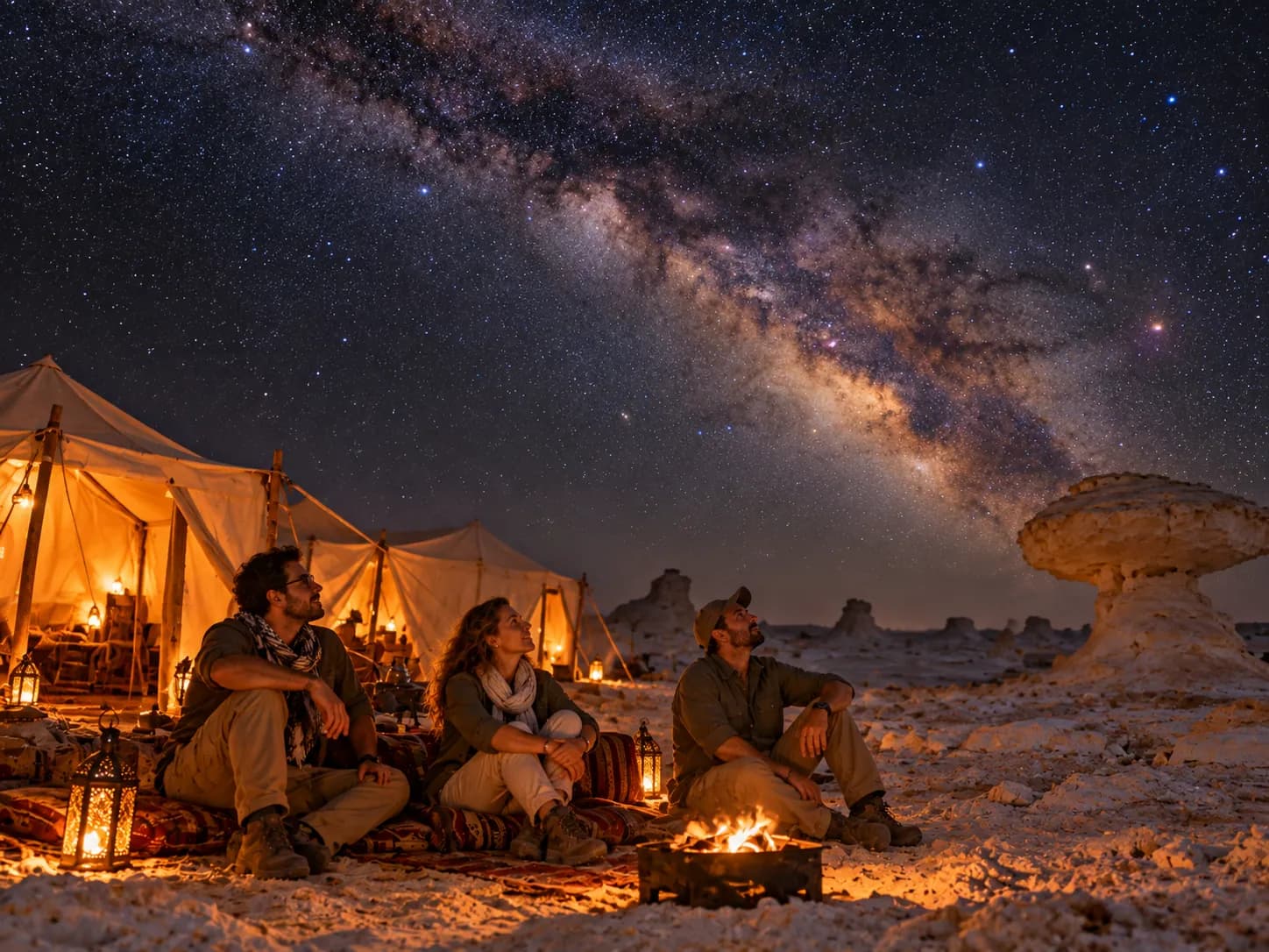 Tents under the Milky Way among the chalk