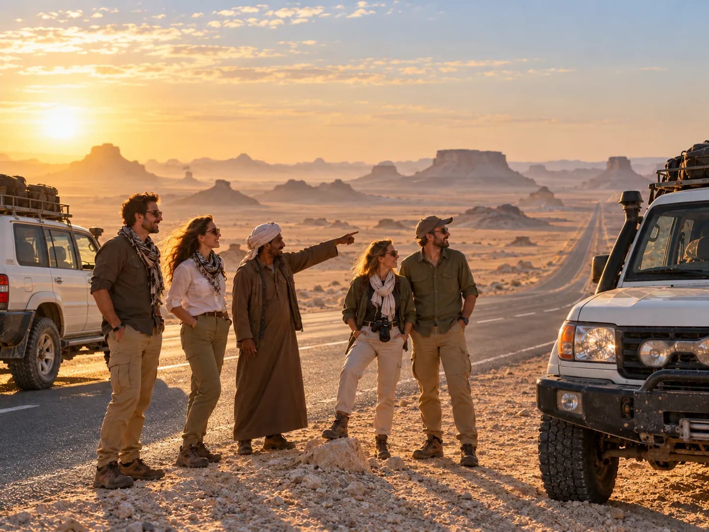 A sunrise stop by the road through the White Desert
