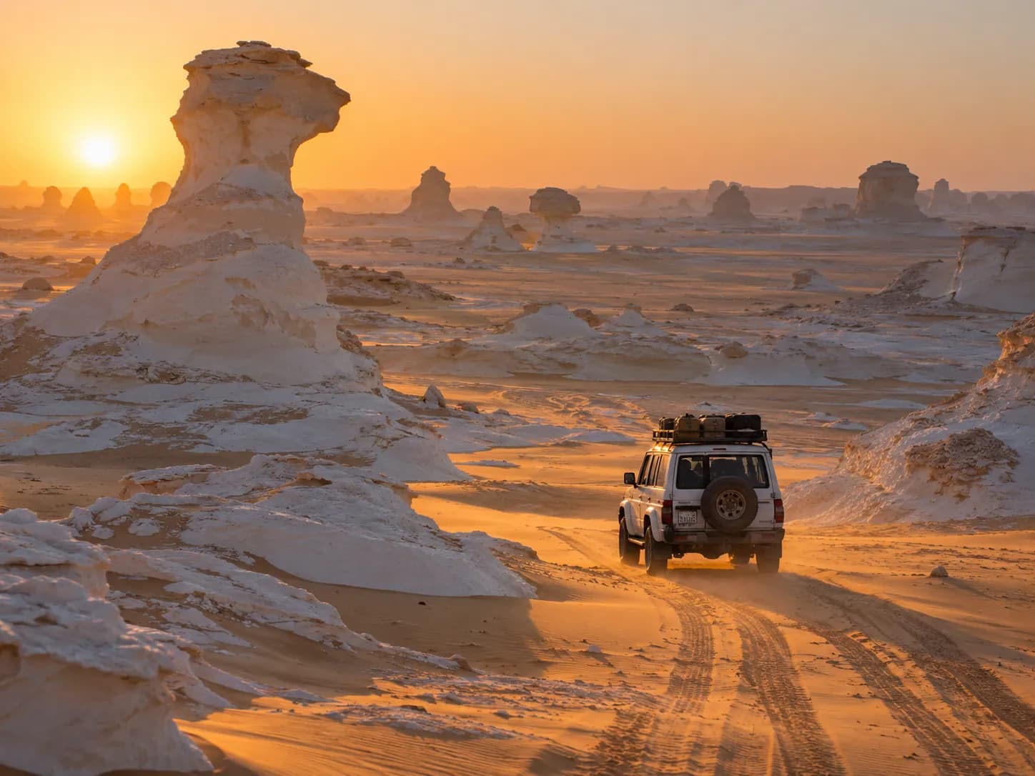 The 4×4 driving through the White Desert at sunset