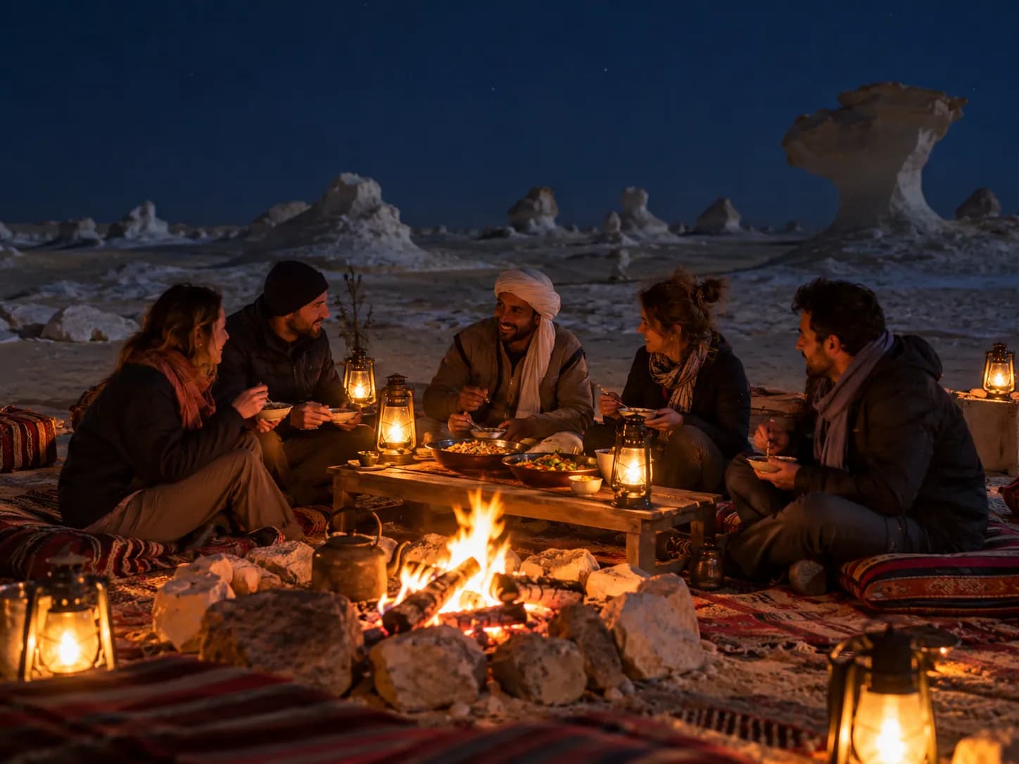 Dinner by the fire at the evening camp