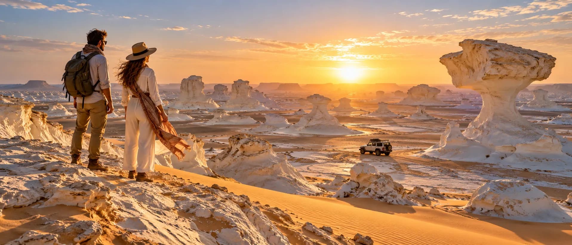 Two travellers looking out over the White Desert chalk formations at sunrise, a 4×4 below
