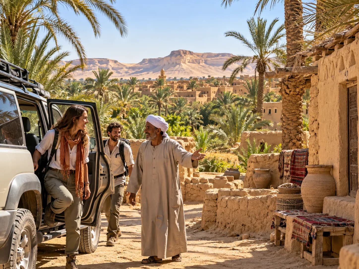 A local guide welcoming travellers as they step out of the 4×4 in an oasis village